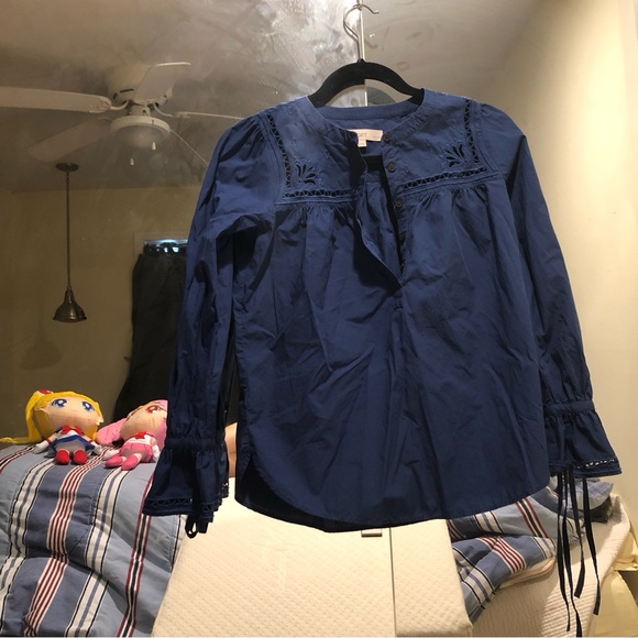 XXSP LOFT cotton Blue Long Sleeve Peasant Blouse - Picture 1 of 10